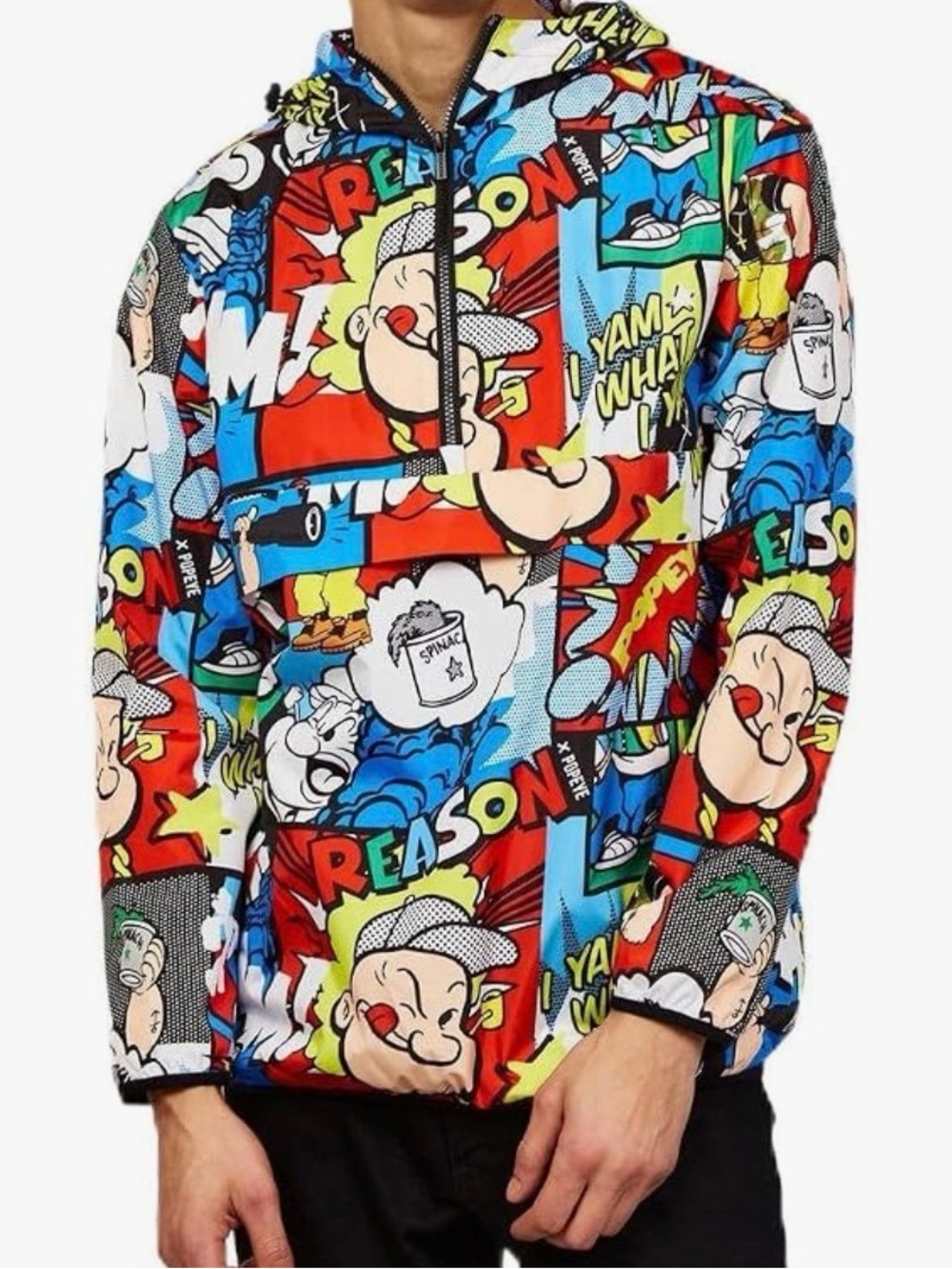 Reason Clothing Popeye Half-Zip Allover Comic Print Anorak,front pocket, size M